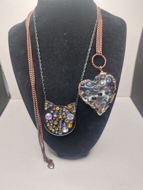 Betsey Johnson Rhinestone Necklaces Heart and Cat -Missing Stones